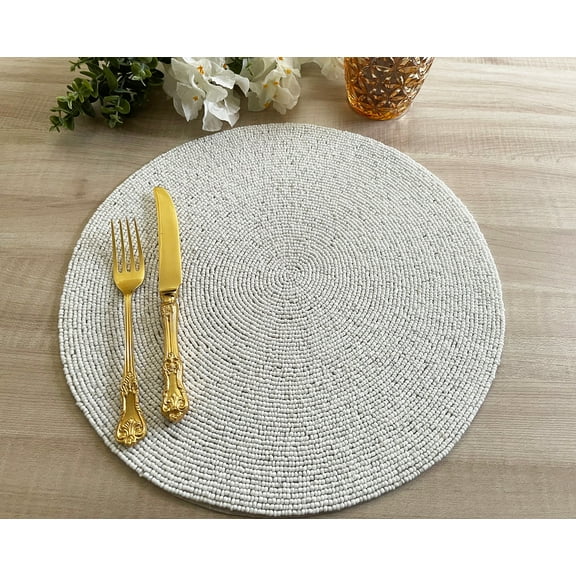 Set of 6, Handmade beaded placemat, beaded table mat, white (more colour options available)