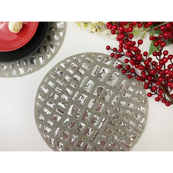 Set of 6, Handmade beaded sequin placemat, table mats, 14 inch, silver charger placemat