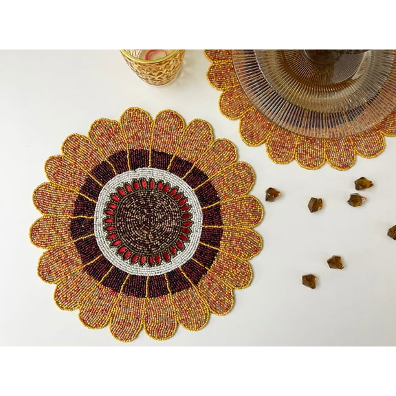 Set of 6, Handmade beaded tablemat, 14 inch, spring floral charger placemat