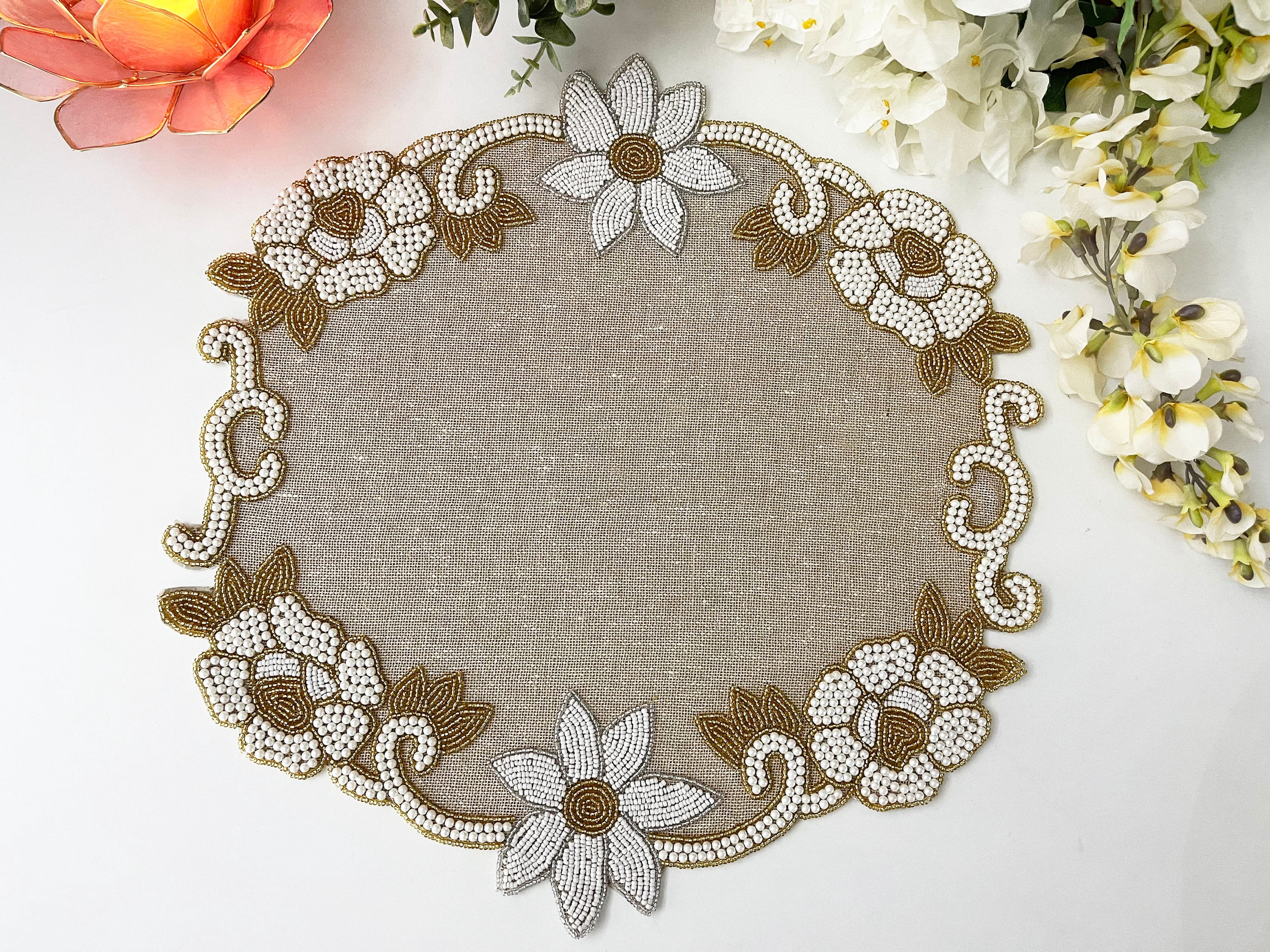 Set of 6, Handmade burlap and bead placemat, burlap tablemat, 14 inch, charger