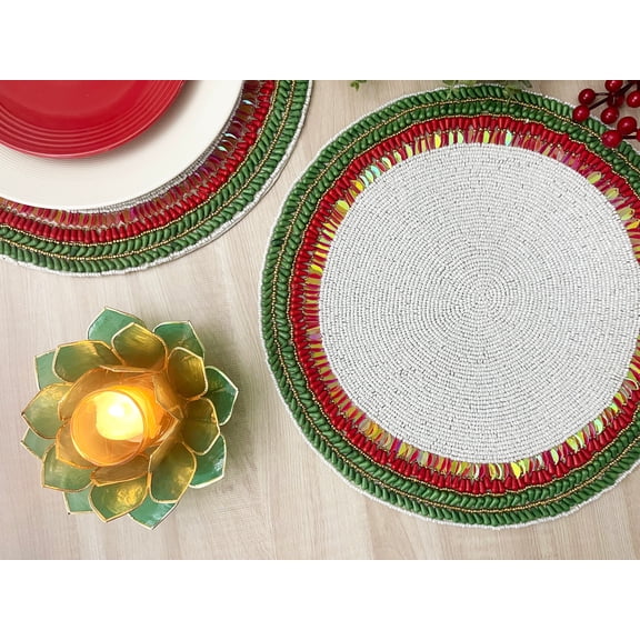 Set of 6, Handmade floral beaded placemat, tablemats, bead charger, 14 inch