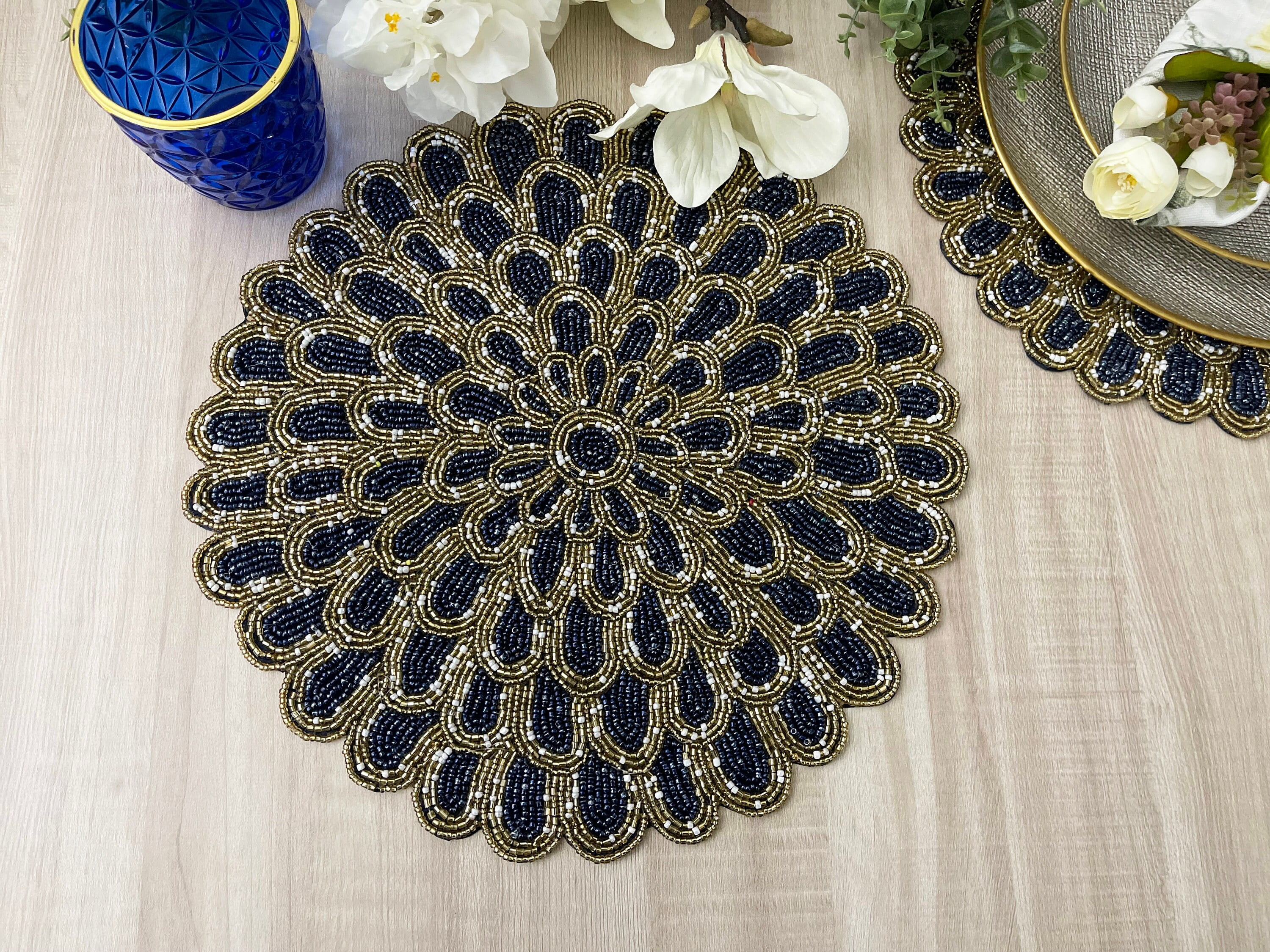 Set of 6, Handmade placemat, beaded round table placemat, Navy blue gold, 14 inch