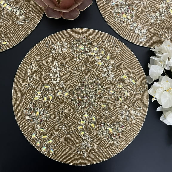 Set of 6, Handmade placemat, beaded round table placemat, gold beads, 14 inch