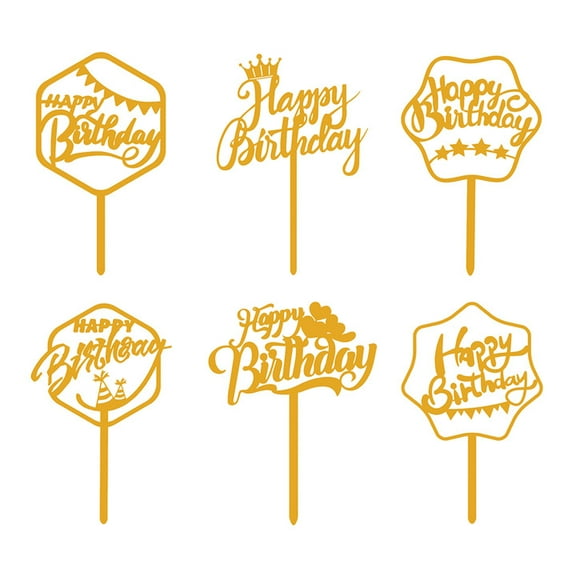 Set of 6 Happy Birthday Cake Topper Golden Double-Sided Mirrored Acrylic Cake Toppers Birthday Party Cake Decorations Supplies Type 3