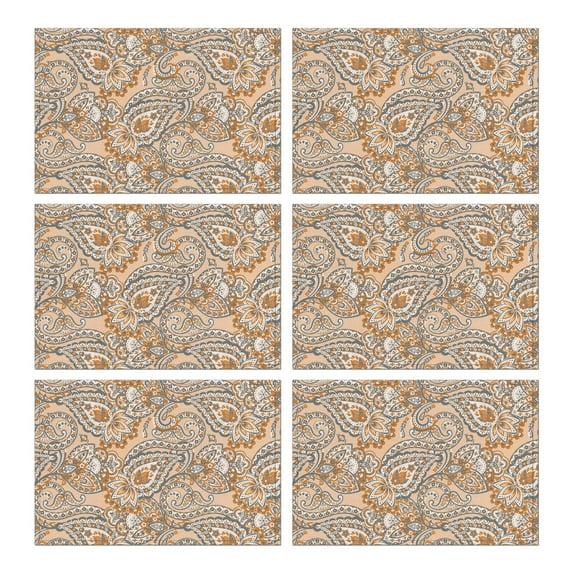 Set of 6 Heat Resistant Wrinkle Free Flax Paisley Placemats Featuring Colorful Bohemian Retro Floral and Elegant Mandala Artistic Designs