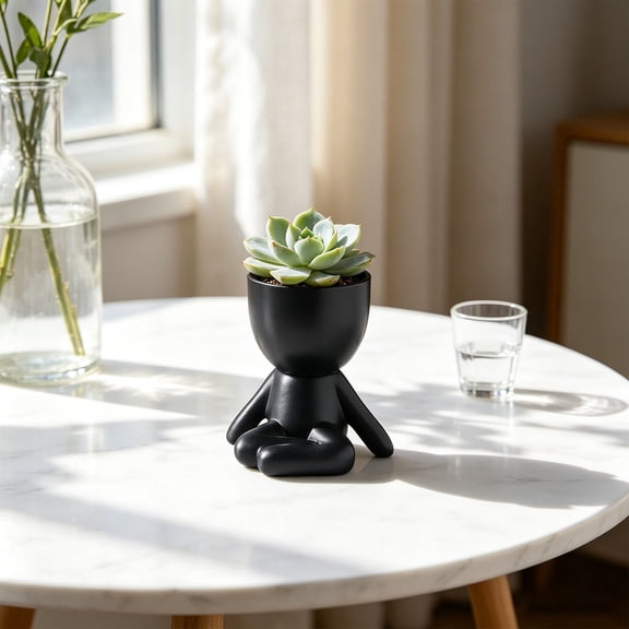 Set of 6 Human Shaped Ceramic Planters Abstract Figure Mini Pots Matte Black for Tabletop Decor