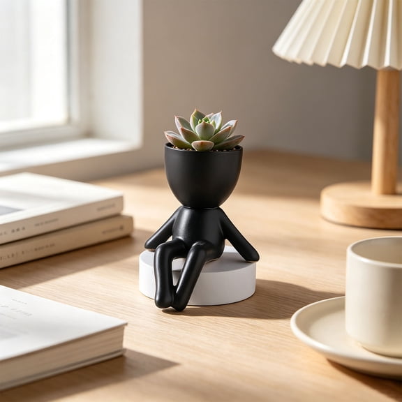 Set of 6 Human Shaped Ceramic Planters Abstract Figure Pots for Tabletop Home Decor Matte Black