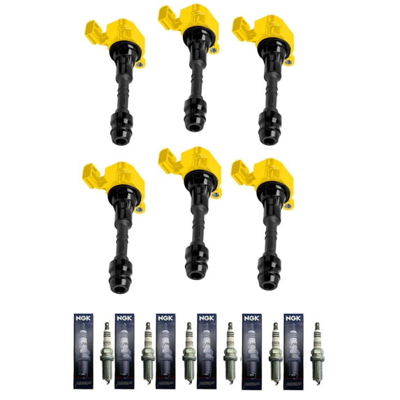 Set of 6 ISA Yellow Ignition Coils and NGK Spark Plugs Compatible with 2005-2006 Nissan Armada 5.6L Replacement for UF349