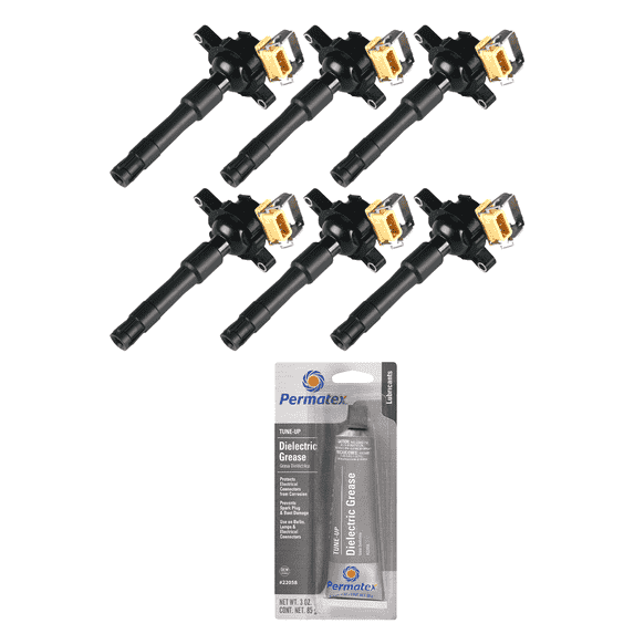 Set of 6 Ignition Coils and Permatex 22058 Dielectric Tune-Up Grease Compatible with 2001-2002 BMW 525i 2.5L L6 2494cc 152ci Replacement for UF354