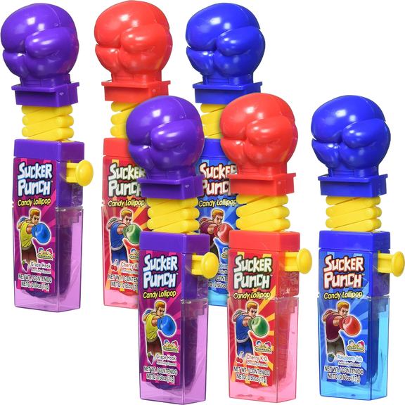 Set of 6 Kidsmania Sucker Punch Candy Lollipop Toys  Grape Hook, Cherry K.O., Raspberry Jab Punching Fist Lollipops