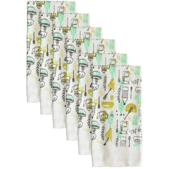 Set of 6, Kitchen Cooking Utensils Design Printed Cotton Kitchen Towels Highly Absorbent and Soaking up Water Quickly Size: 15 x 25 inch.