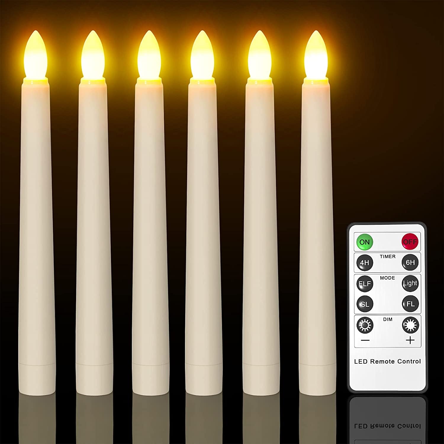 Set of 6 LED Taper Candles with Remote Timer Battery Operated