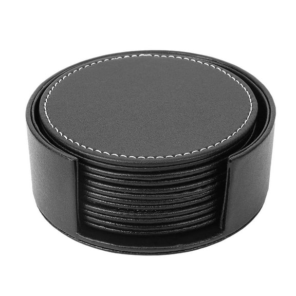 Set of 6 Leather Drink Coasters Round Cup Mat Pad for Use Black mj562