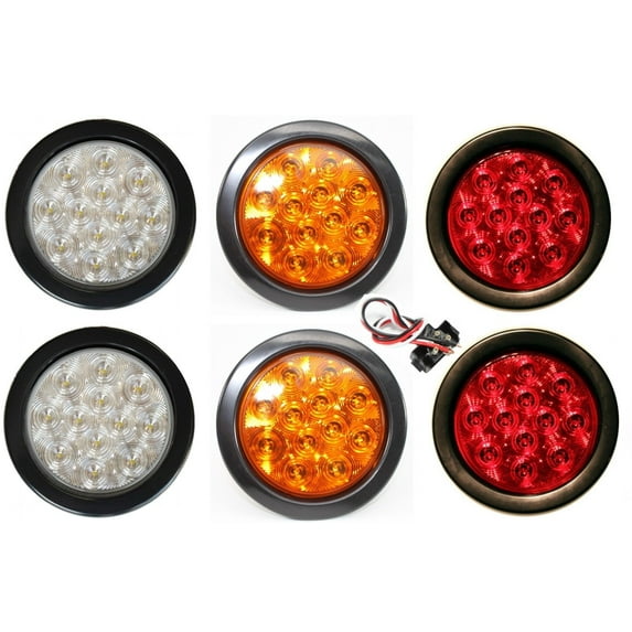Set of 6 Lights: 2 Amber 2 Red 2 White Round 4" Stop Tail Back-up Reverse LED Light Truck Trailer