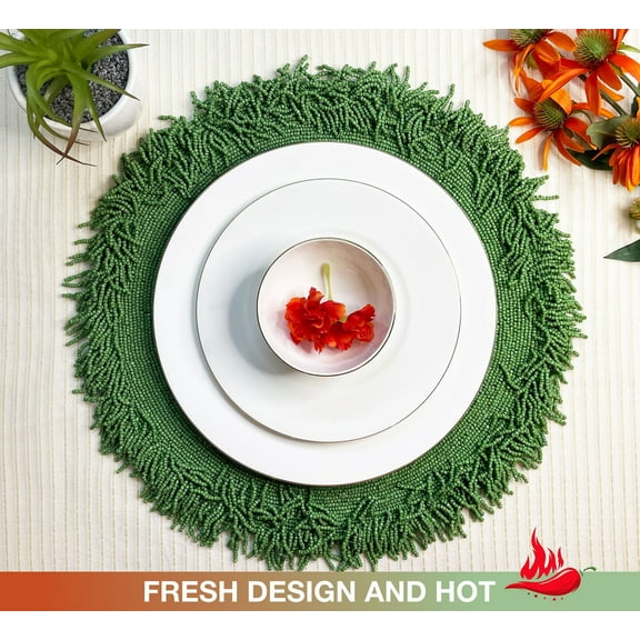 Set of 6, Luxury beaded placemat, beaded tablemat, 15 inch, green bead charger placemats