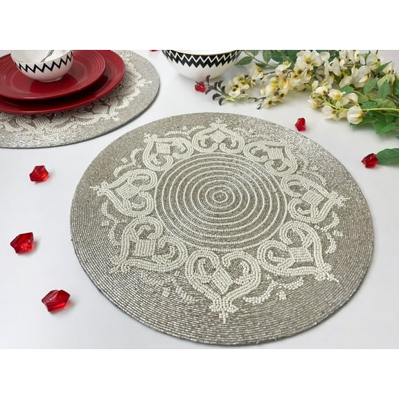 Set of 6, Luxury beaded placemat, tablemat, 14 inch, white cream charger
