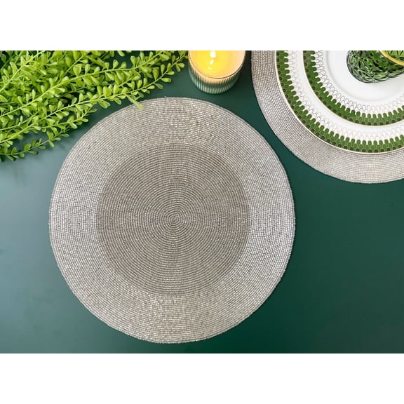 Set of 6, Luxury beaded placemat, tablemats, Silver small beads, charger