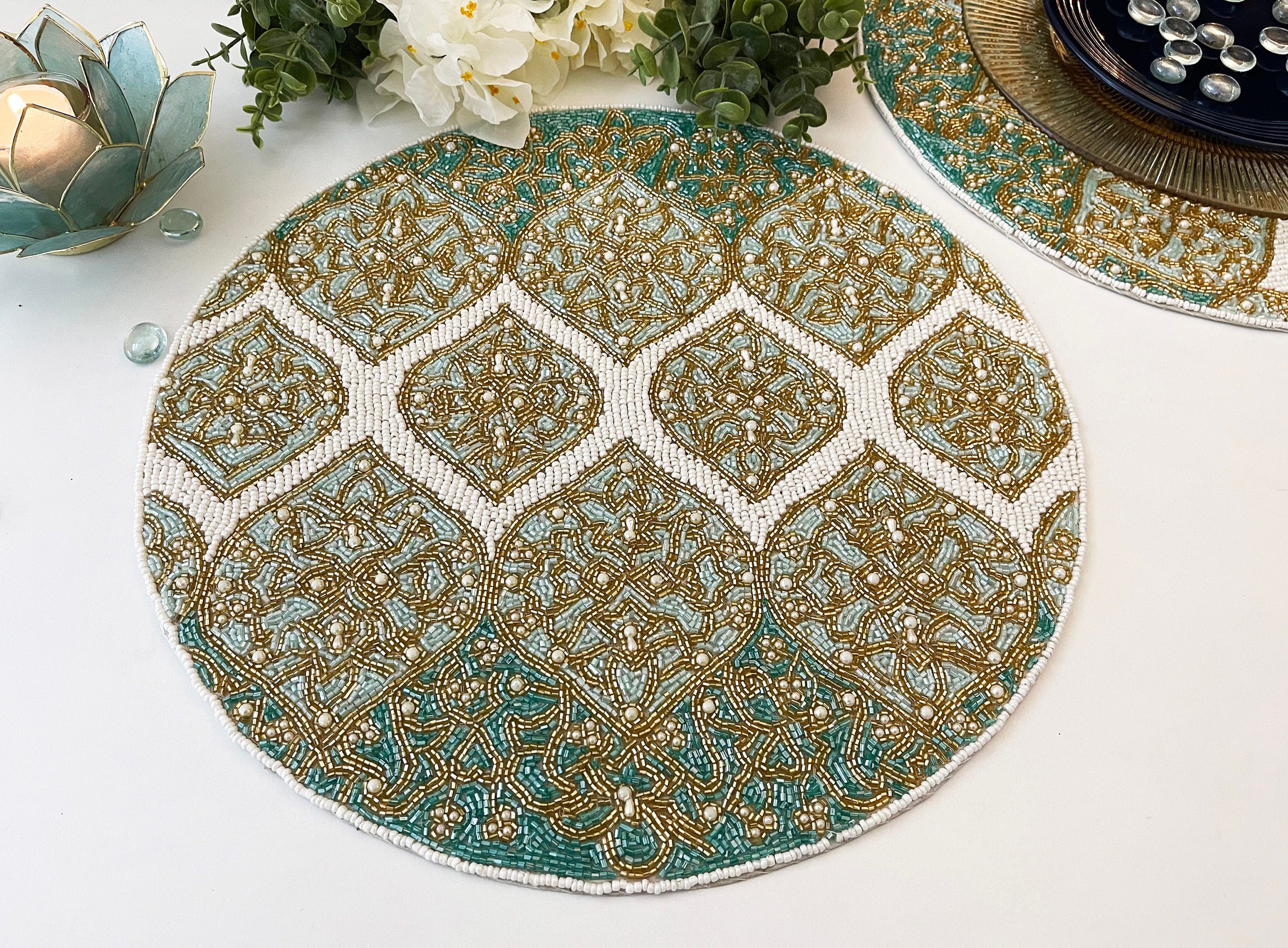 Set of 6, Luxury handmade bead placemat, table decoration, beaded ...