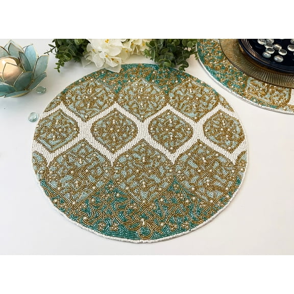 Set of 6, Luxury handmade bead placemat, table decoration, beaded tablemat, teal, light blue and gold