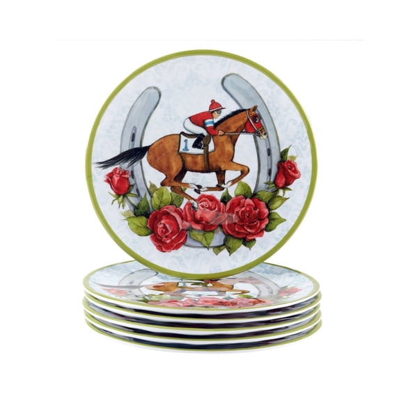 Set of 6 Melamine Salad Plates - Derby Day At The Races Theme, Service For 6