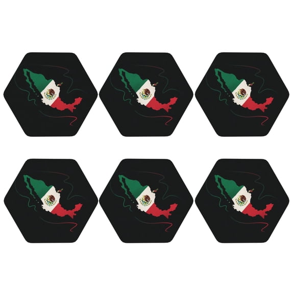 Set of 6 Mexico-Flag-Map Drink Coasters for Coffee Table Leather Coaster for Decor Housewarming Hexagon