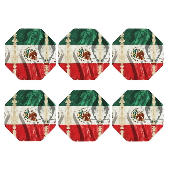 Set of 6 Mexico-Flag- Print Drink Coasters for Coffee Table Leather Coaster for Decor Housewarming Octagon