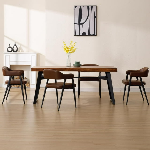 Set of 6 Mid Century Modern Leather Dining Chairs with Curved Backrest and Black Metal Legs