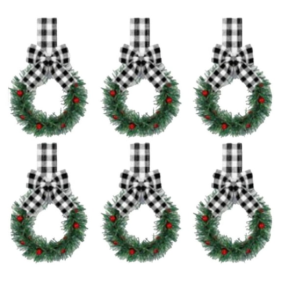 Set of 6 Mini Christmas Wreaths with Red Bows and Berries, Festive Decor for Windows, Doors and Holiday Season Decorations - B
