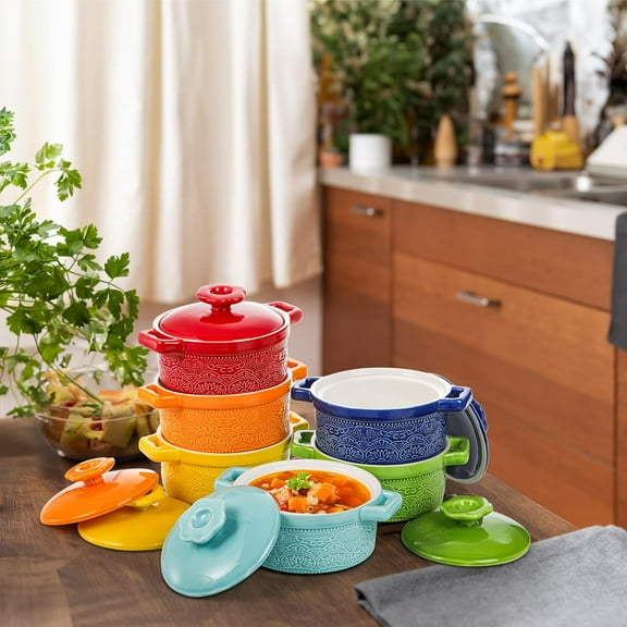 Set of 6 Mini Cocotte with Lid, 8 Oz Ceramic Ramekins with Handles, Oven Safe Individual Baking Dishes for Souffl, Soup, Cobbler