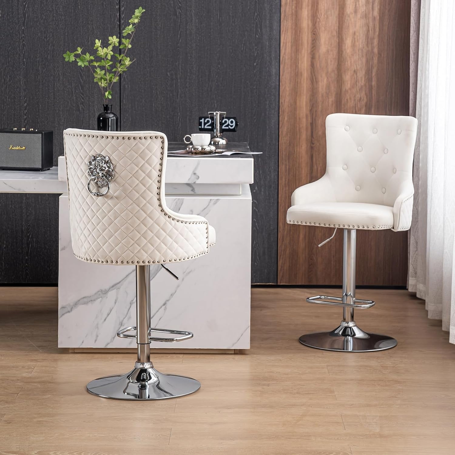 Set of 6 Modern Velvet Bar Stools with Lion Pull Ring, High Back ...