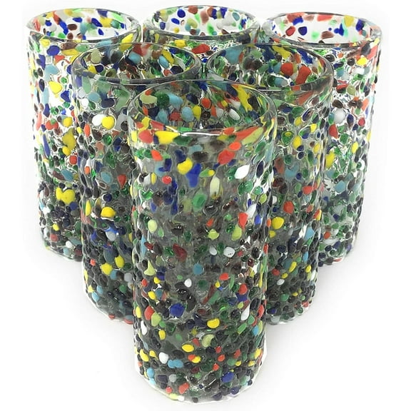 Set of 6 Orange and Green Hand Blown Confetti Tequila Shot Glasses 2 oz.