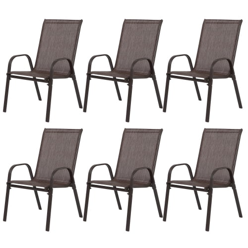 Set of 6 Outdoor Patio Chairs, Stackable Camping Chairs with Breathable Textilene Fabric, High Back with Armrests for Garden, Pool, Beach, Brown