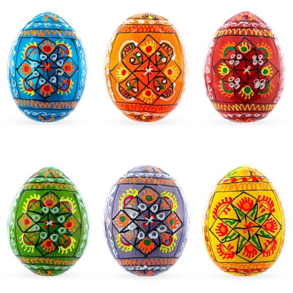 Set of 6 Pearlized Ukrainian Pysanky Wooden Easter Eggs 2.5 Inches
