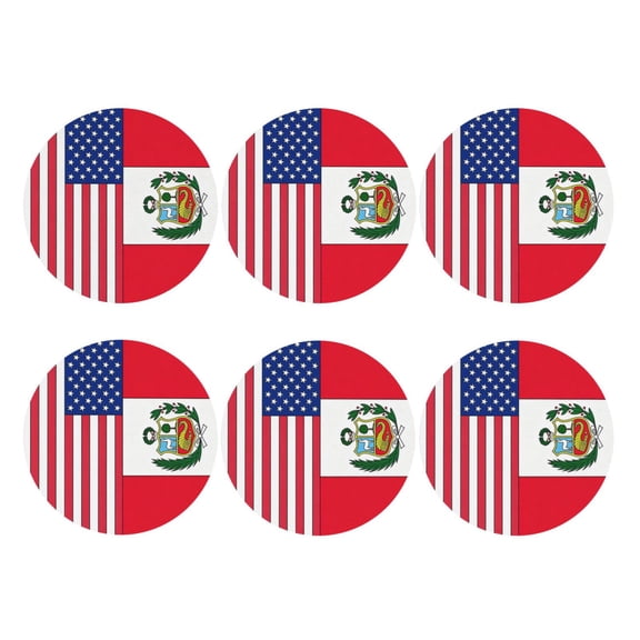 Set of 6 Peru America Flag Drink Coasters for Coffee Table Leather Coaster for Decor Housewarming Round Shape