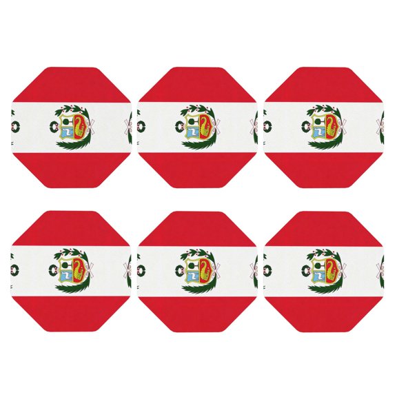 Set of 6 Peru Flag Drink Coasters for Coffee Table Leather Coaster for Decor Housewarming Octagon