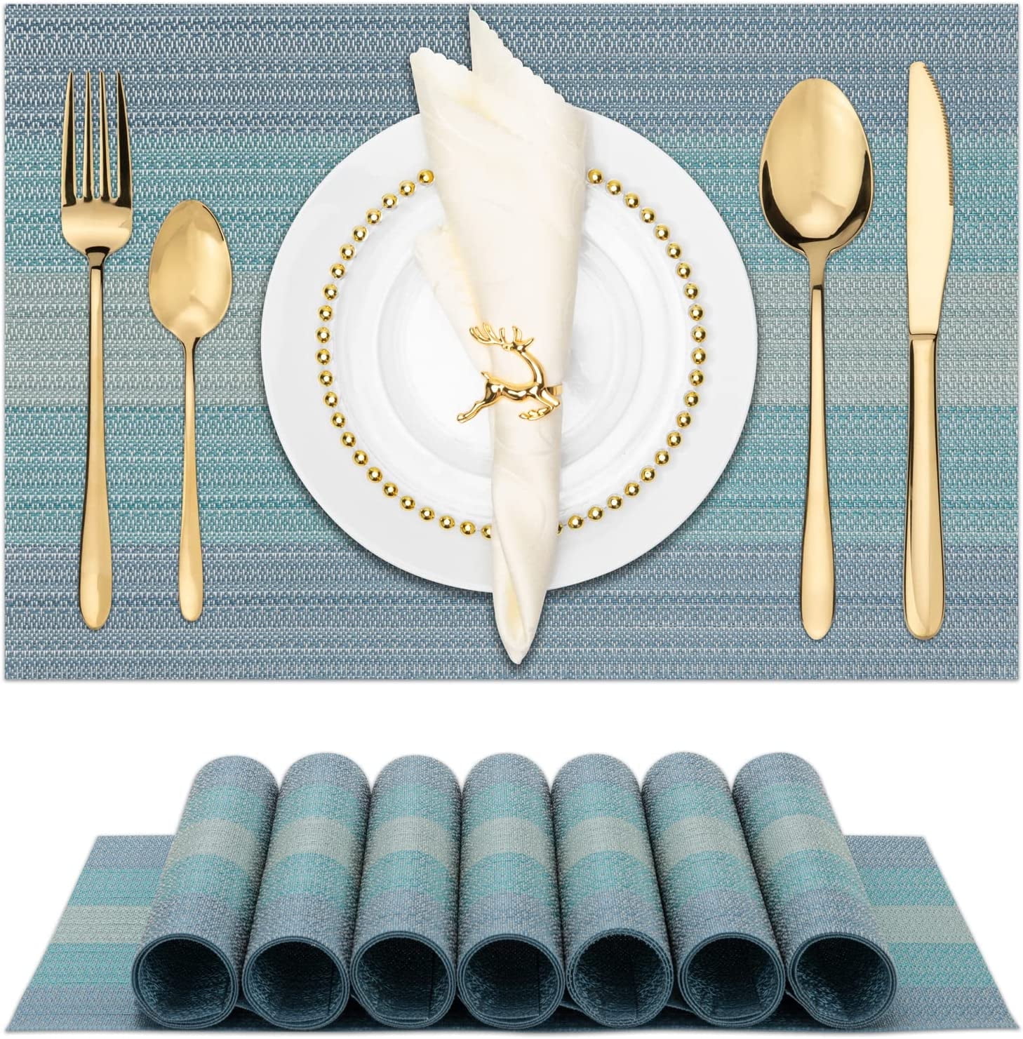 LIFEWEAR Placemat Set of 6,Woven Placemats,Outdoor/Indoor Placemats,Vinyl/Plastic  Placemats, Washable Placemats,Table Placemats Set of 6（Blue） - Yahoo  Shopping