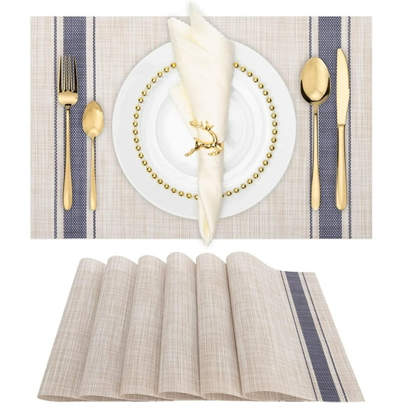 Set of 6 Placemats, Table Mats Indoor Placemats Washable PVC Non-Slip Heatproof Woven Placemats for Dining Table Fabric Place Mat