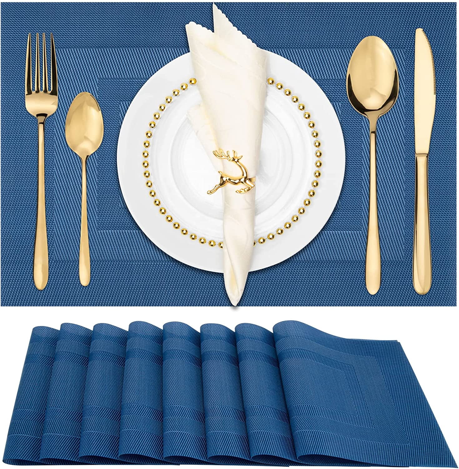 Set of 6 Placemats,Waterproof Washable Table Mats 18"x12"Non-Slip Heat Resistant Kitchen Table Mat for Home,Blue