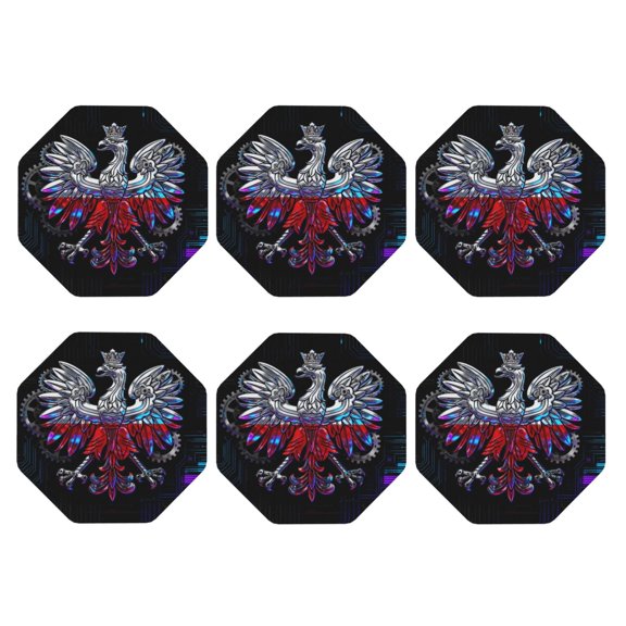 Set of 6 Polish-Flag-Eagle Drink Coasters for Coffee Table Leather Coaster for Decor Housewarming Octagon