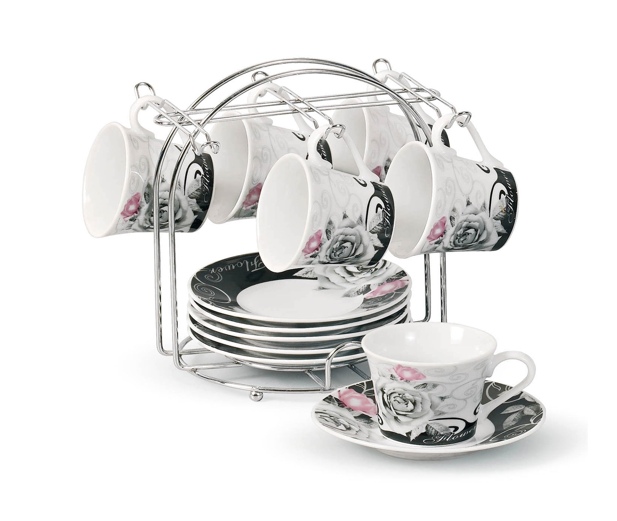 Set of 6 Porcelain Espresso Cups and Saucers Set with Metal Stand - 2oz ...