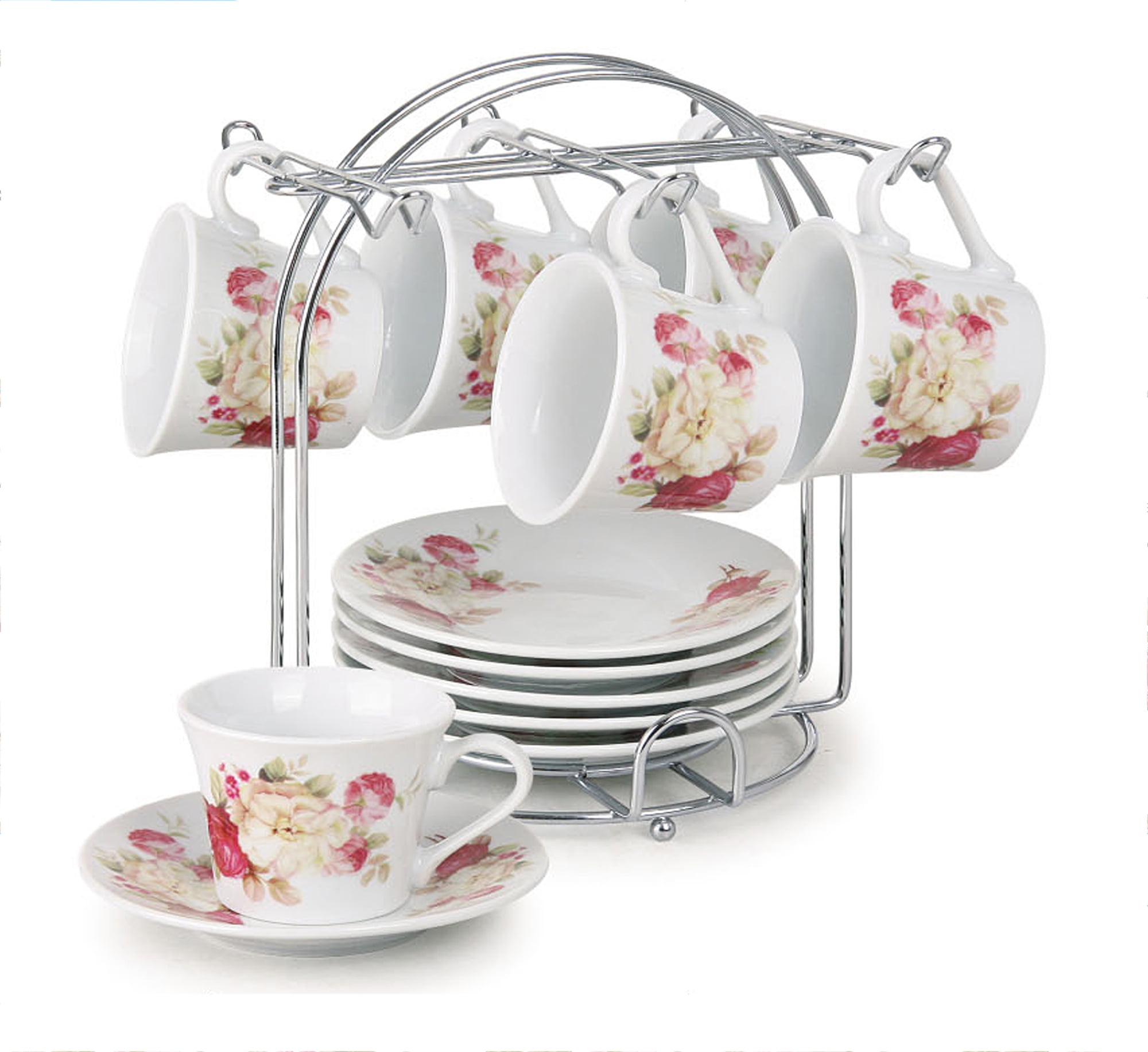 Set of 6 Porcelain Espresso Cups and Saucers Set with Metal Stand - 2oz ...