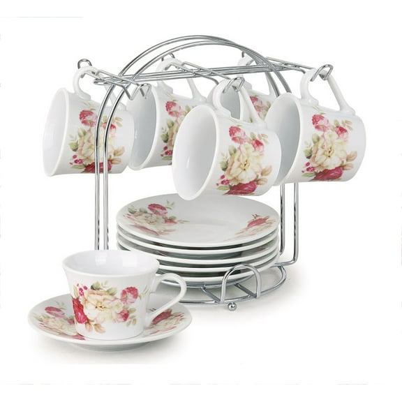Set of 6 Porcelain Espresso Cups and Saucers Set with Metal Stand - 2oz, Red and Ivory Flower