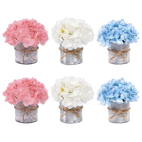 Set of 6 Pre-Made Artificial Deep Pink Rose & Hydrangea Floral Arrangements with Rustic Metal Pot, Wedding Table Centerpieces