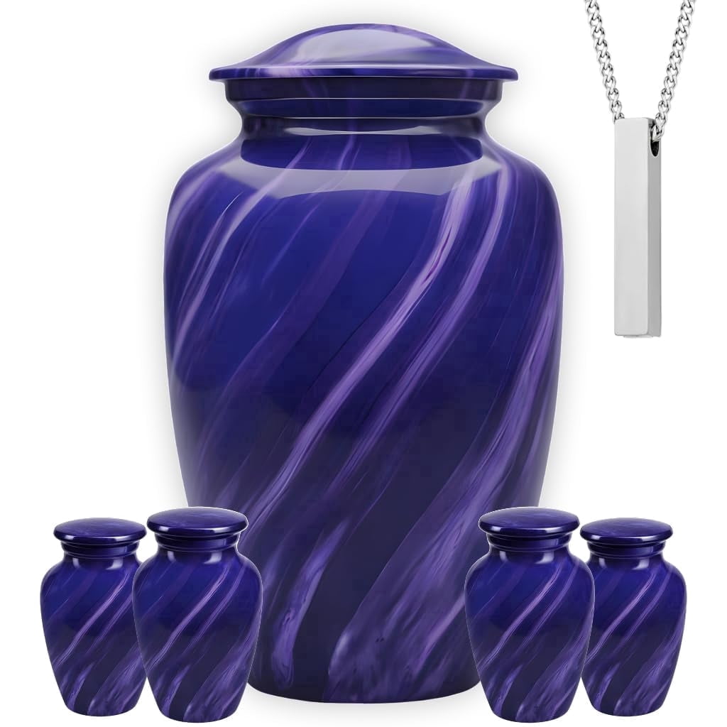 Set of 6 Purple Marble Cremation Urns for Human Ashes Includes 1 Large Urn with 4 Small Keepsakes & 1 Silver NecklaceUrn