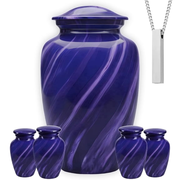 Set of 6 Purple Marble Cremation Urns for Human Ashes Includes 1 Large Urn with 4 Small Keepsakes & 1 Silver NecklaceUrn