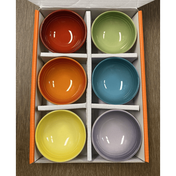 Set of 6 Rainbow LE CREUSET Stoneware 2 Oz Pinch Bowls NWT 2.75" Diameter Flame