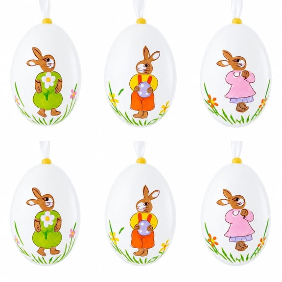 Set of 6 Real Eggshell Hand Painted Bunny Easter Egg Ornaments 2.5 Inches