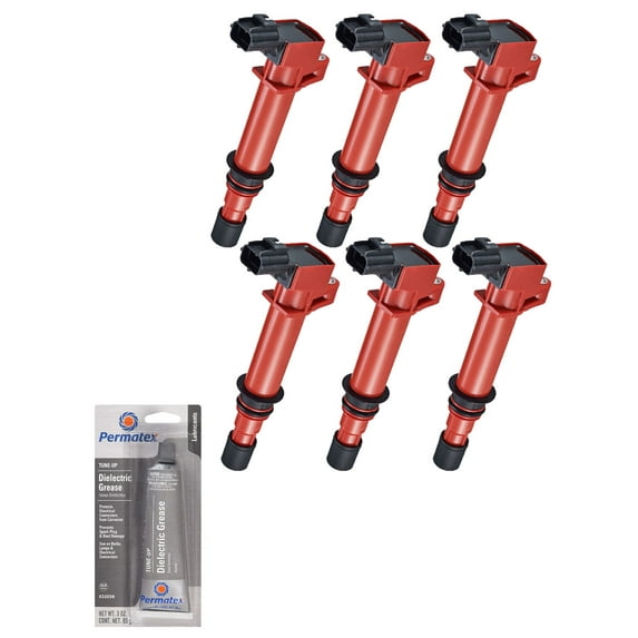 Set of 6 Red Ignition Coils and Tune-Up Grease Compatible with 2006 Jeep Grand Cherokee 65th Anniversary Edition Replacement for UF270, UF297, UF399
