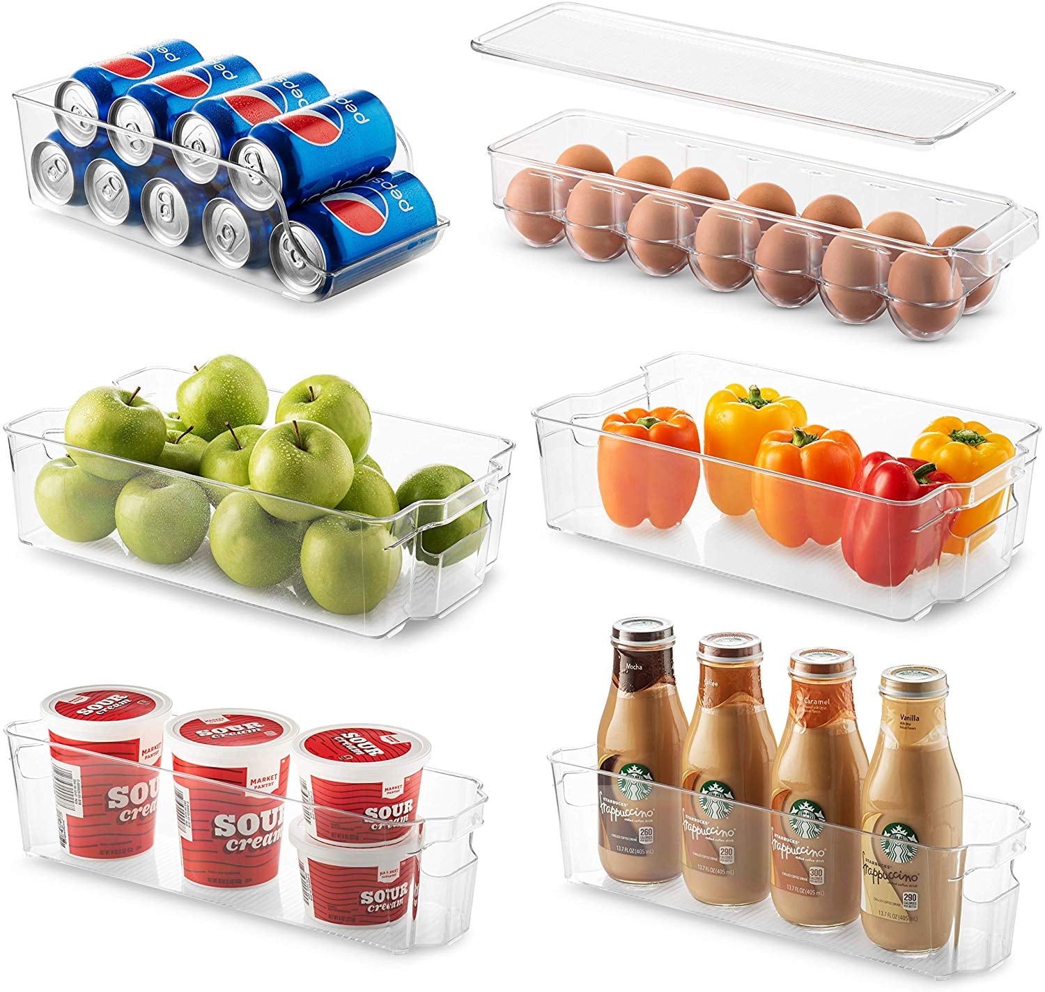 Set of 6 Refrigerator Organizer Bins - Stackable Fridge Organizers for Freezer, Kitchen, Countertops, Cabinets - Clear Plastic Pantry Storage Racks