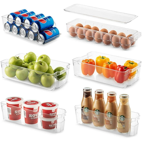 Set of 6 Refrigerator Organizer Bins - Stackable Fridge Organizers for Freezer, Kitchen, Countertops, Cabinets - Clear Plastic Pantry Storage Racks